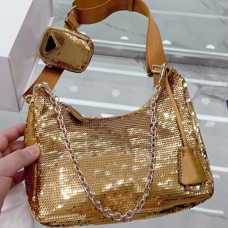 

Sequins Underarm Bag Women Chains Clutch Bags Plain Cross Body Bags Letter Nylon Hobo Purse Adjustable Extended Belt Magnetic Zipper Triangle Decoration Socialite, Light brown