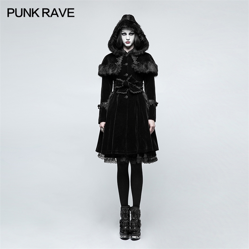 

PUNK RAVE Fashion Gothic Lolita Women Jacket Winter Punk Gorgeous Christmas Long Coat Casual Hooded Witch Cosplay Long Jacket 201019, Black