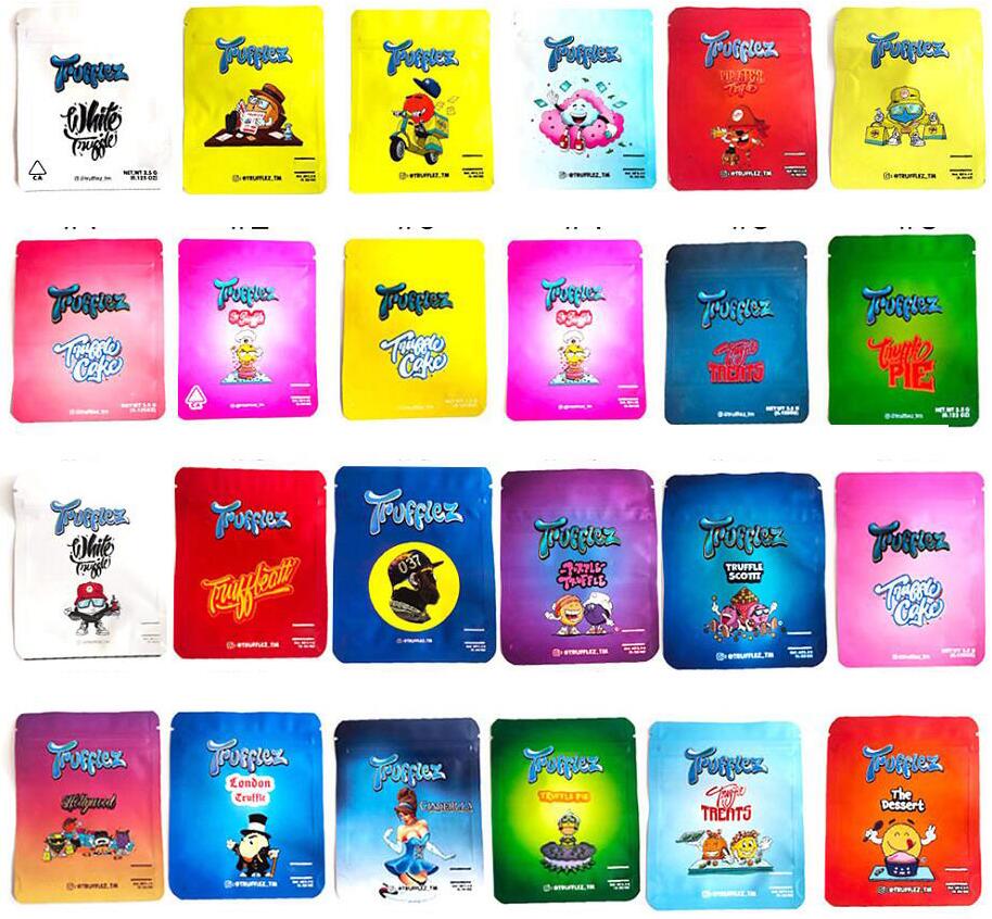 

Trufflez Packing Mylar Bags 3.5 Gram Stand Up Pouch Edibles Baggies Purple Truffle Armygreen Treats Green Pie Blue