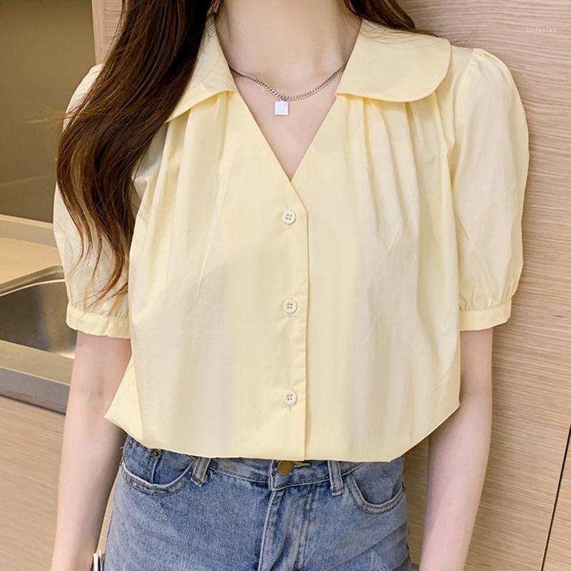 

Women' Blouses & Shirts Thin Summer Folds V-Neck Chiffon Short Sleeve Button Women Shirt 2022 Womens Tops Korean Woman Clothes Chemisier Fe, Yellow shirt
