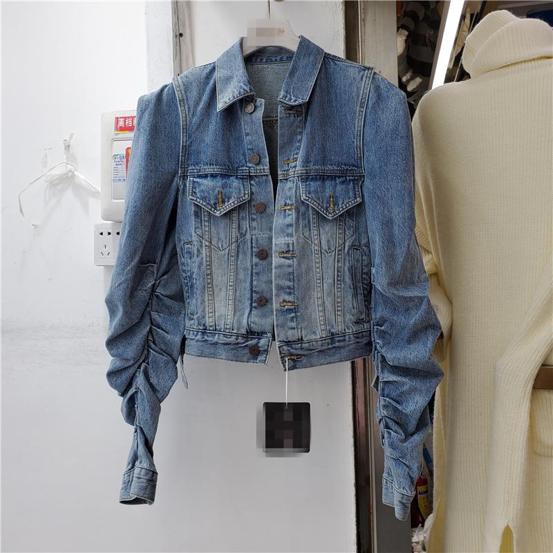 

Women' Jackets Vintage Pleated Padded Shoulder Profile Crop Blue Jean Jacket Mixed Color Short Denim Coat Female 2022 Fall Clothes WomenWom