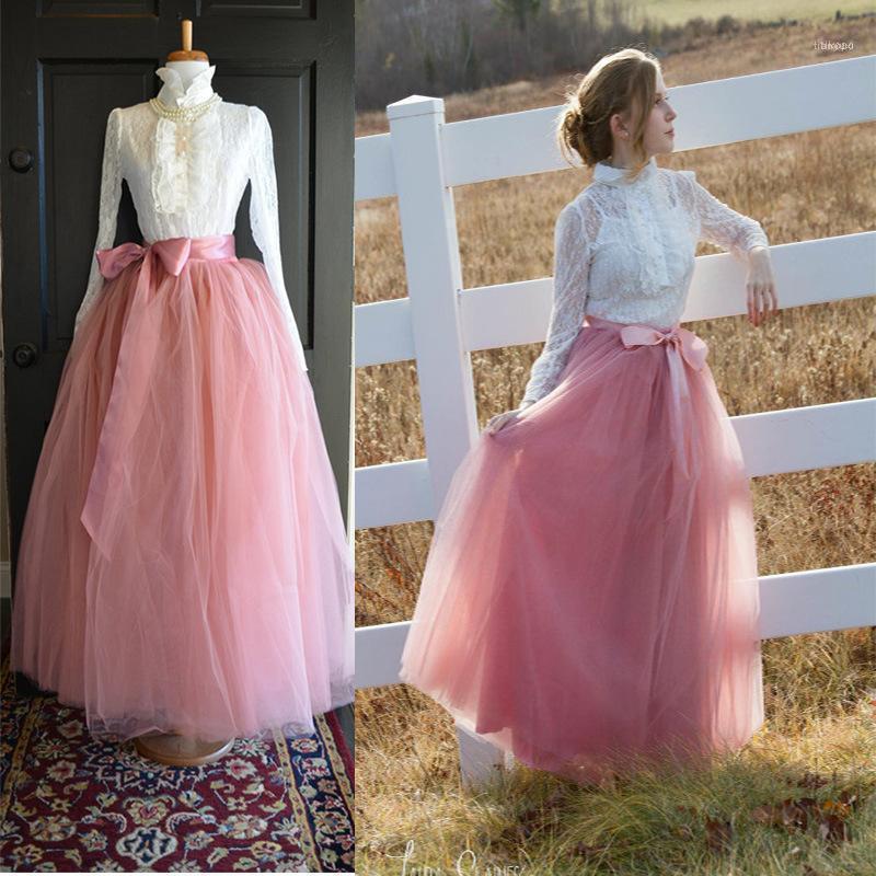 

Skirts 7 Layers 100cm Long Tulle Women Floor-Length Pleated Skirt Fashion Wedding Bridal Bridesmaid Faldas Jupe Saias1, Pink