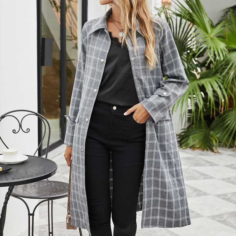 

Women's Trench Coats Spring/Fall Collection Women Clothing Outwear Drop Shoulder Grey Plaid Button Front Flap Pocket Long Sleeve Collar Coat, Gray