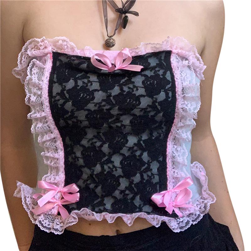 

Women' Tanks & Camis Y2k Grunge Fairy Core Strapless Crop Tops Women Off Shoulder Tube Shirt Floral Lace Patchwork Aesthetic Clothing Sweet, As photo shows