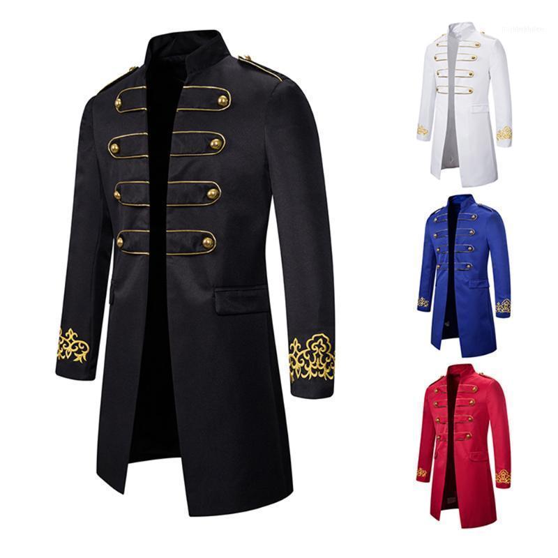 

Embroidery Vintage Trench Coat Men Casual Steampunk Tailcoat Jacket Gothic Victorian Uniform Long Stage Costume Homme1, Red