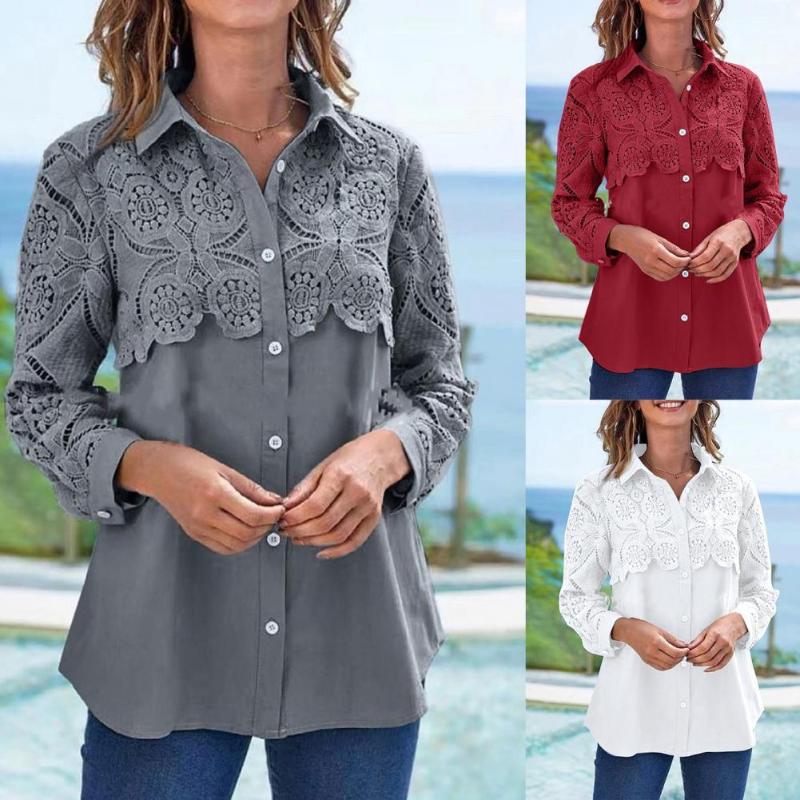 

Women's Blouses & Shirts Women's Shirt Lace Stitching All-match Single-breasted Button Blouse Long Sleeve Casual Buttons Tops ClothingWo, Pink