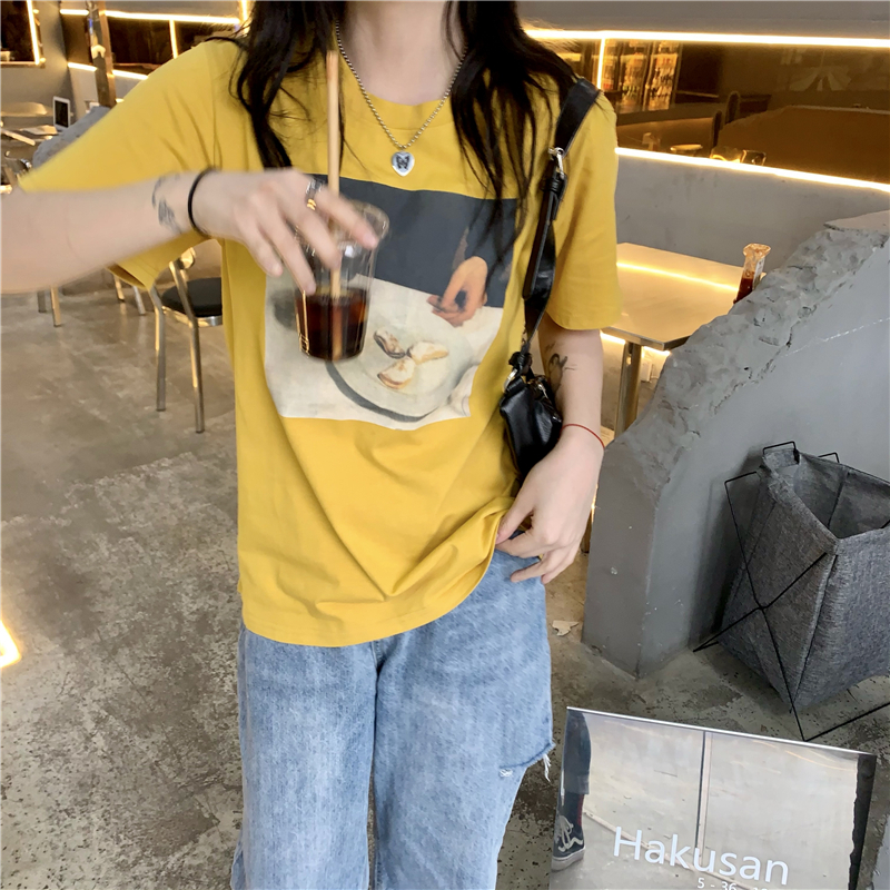 

Women's T-Shirt Korean T Shirts Summer Short Sleeve Cartoon Print Tee Shirt Female Loose Leisure Fashion Yellow White Women's T-shirts