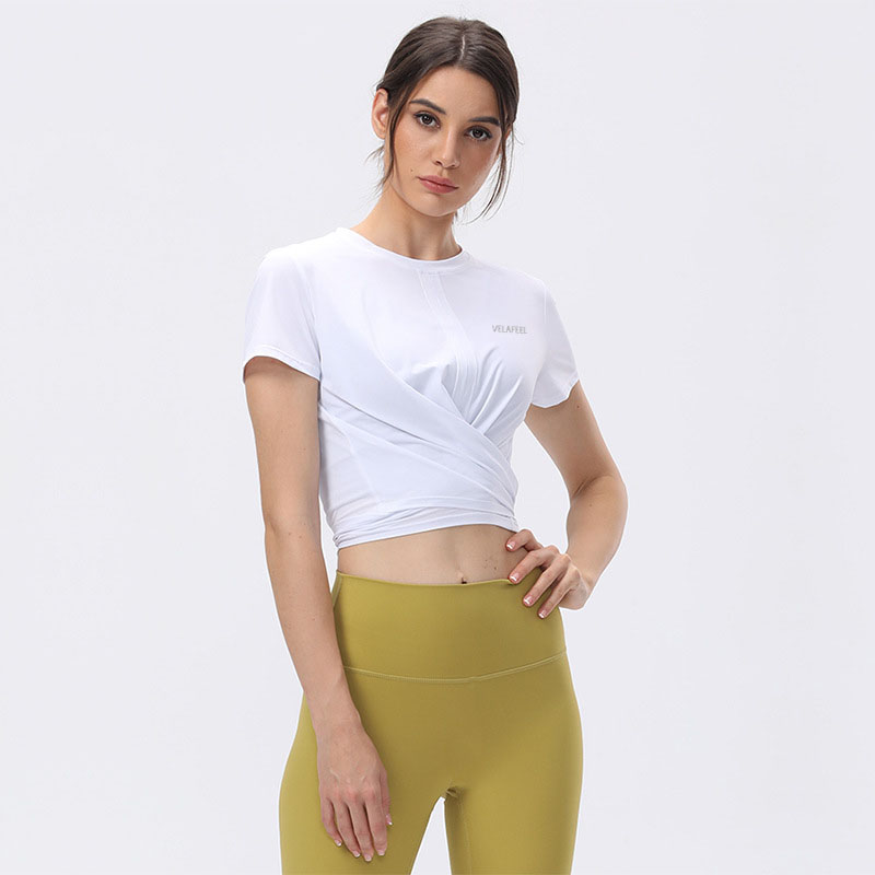 

New women's yoga short-sleeved T-shirt moisture wicking nude straps sports shor sleeved fitness yoga clothes lady tops VELAFEEL, White