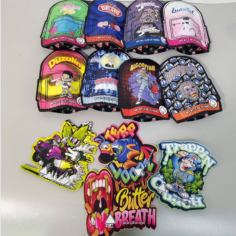 

Empty irregular shaped mylar bags resealable zipper custom printed backpack boyz Italian Ice Peanut Butter Breath Jokes Up Duzalin