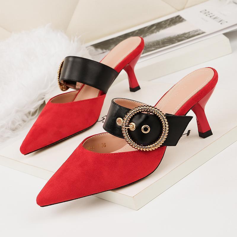 

Slippers 2022 Summer Women 6cm Med Heels Mules Shales Slides Female High Sexy Fashion Belt Metal Buckle Flock Pointy Shoes, Black