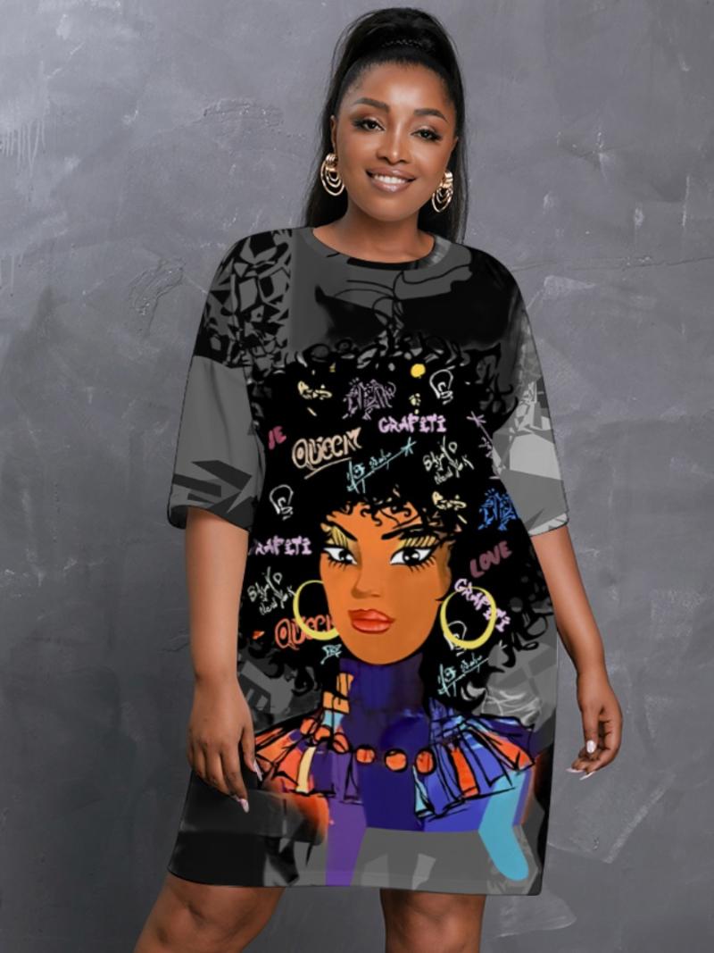 

Plus Size Dresses LW Street Dropped Shoulder Graffiti Print Black Mini Dress