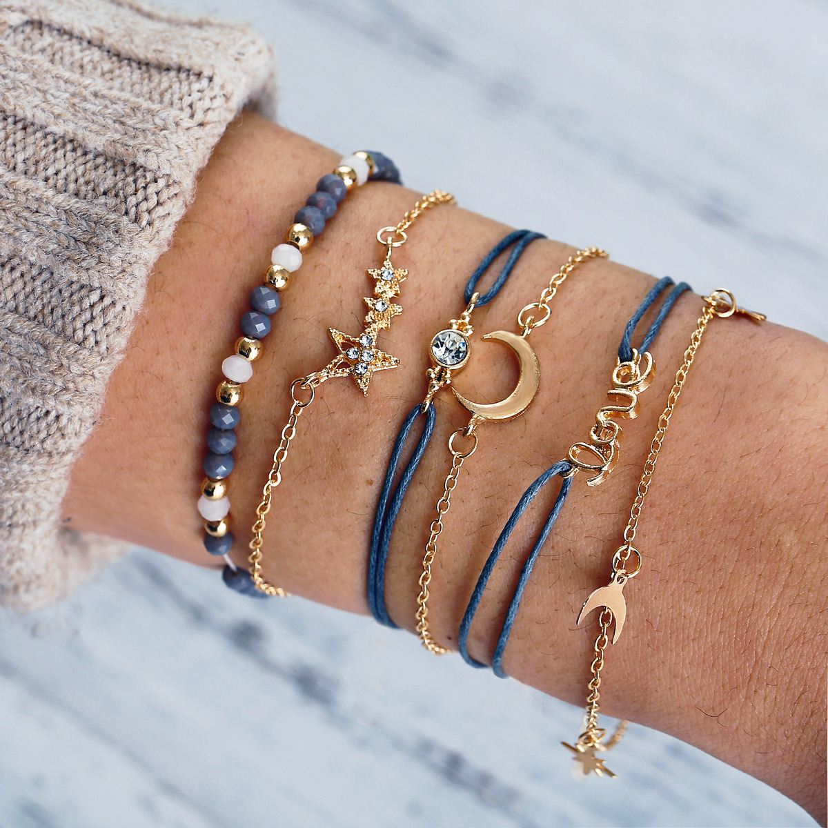 

Women Bohemian Charm Bracelet Creative Retro Geometric love pentagram moon Chain Bracelet Set Fashion Jewelry 6 Piece/Set