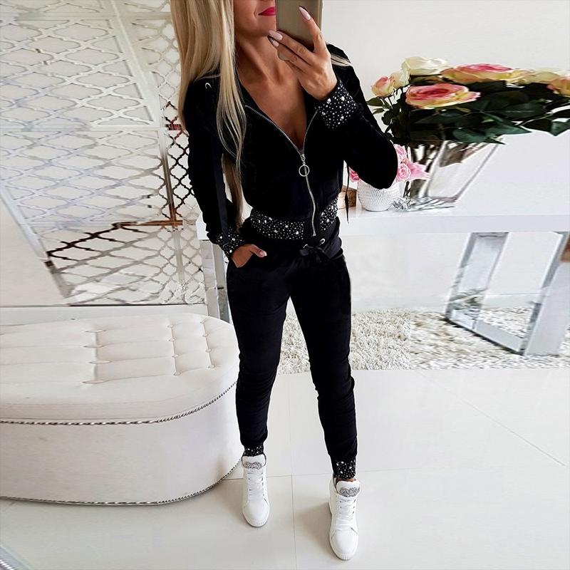 

Women' Two Piece Pants Women Sets Fashion Long-sleeved Zipper Hooded Blouse+High Waist Slim Long Vintage Patchwork Sequinis Ladies Set, Black