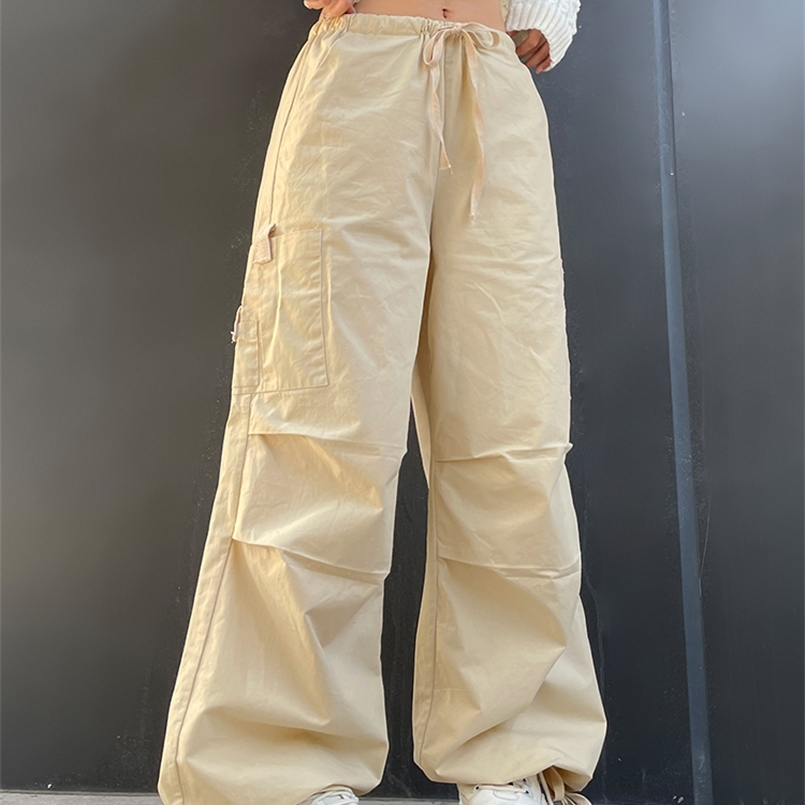 

Weekeep Light Khaki Cargo Streetwear 100% Cotton Big Pocket Patchwork Casual Pants Drawstring Low Waist Baggy Trouser Lady 220808, Auburn