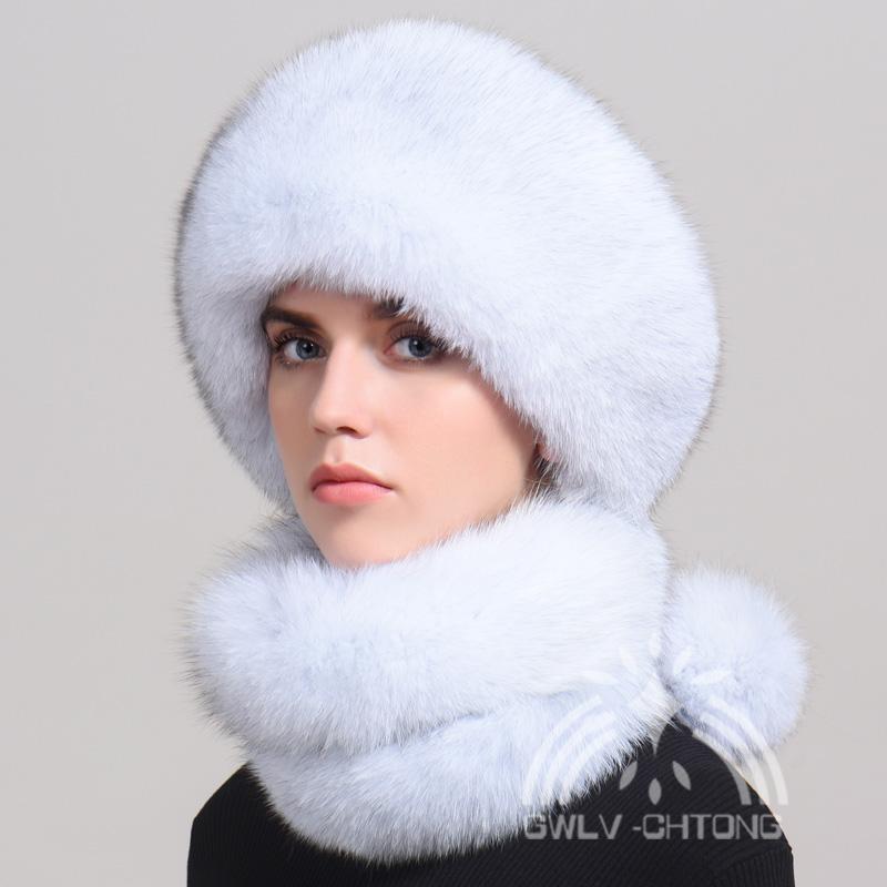 

Berets Genuine Fur Hat Women Rex Cap Scarf Thicken Winter Warm Female Fashion Russia Scarves, White
