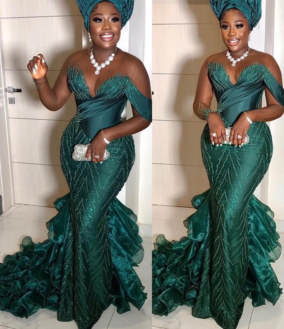 

Aso Ebi Style Hunter Green Lace Mermaid Prom Dresses 2022 Sheer Neck Long Sleeves Appliques Sweep Train Plus Size Formal Evening Occasion Gowns, Purple