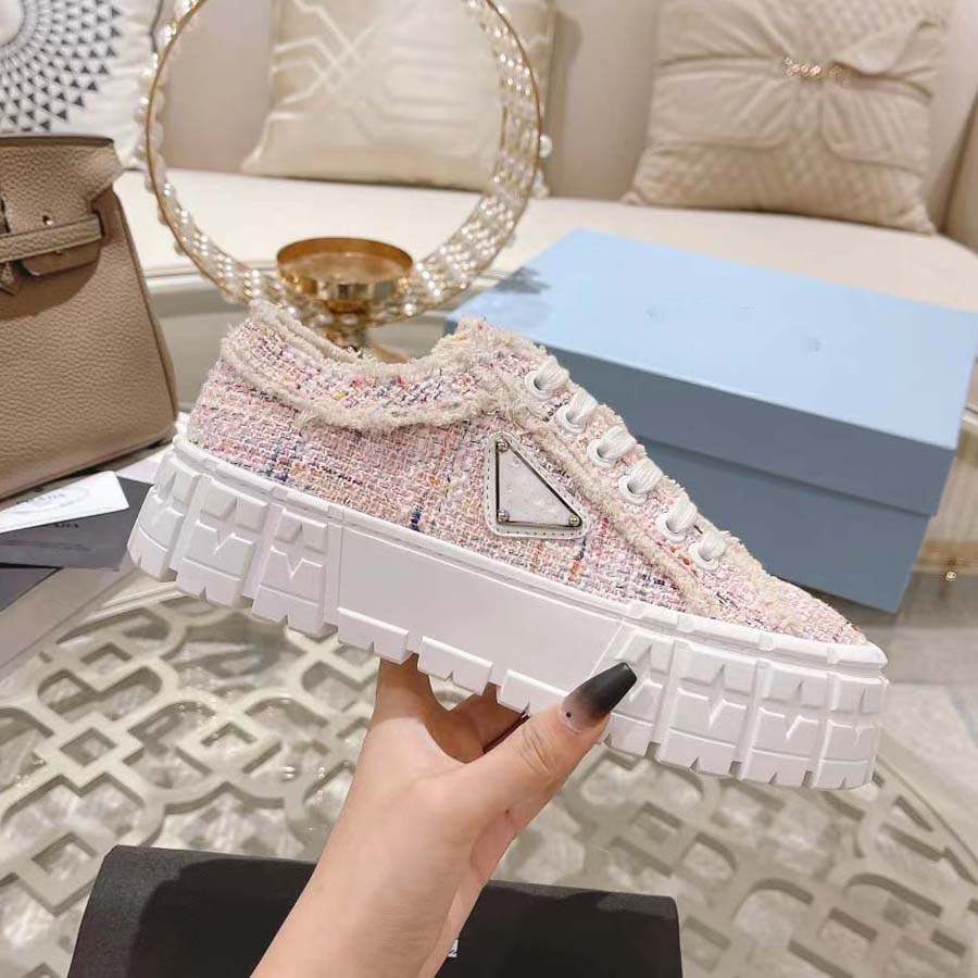 

shoes canvas inner sheepskin the latest thick-soled fashion catwalk sneakers heel height 5cm metal triangle buckle black white pink blue, #2
