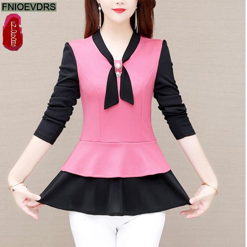 

Women's Blouses & Shirts -5XL 2022 Fall Autumn Women Elegant Office Lady Vintage Peplum Cute Bow Tie Tops Ruffled Pink Basic, White