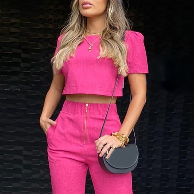 Summer Fashion Womens Suit Short Sleeve Puff Sleeve Top High Waist Slim Pants Elegant Casual Suit Office Lady 2piece Set 220611