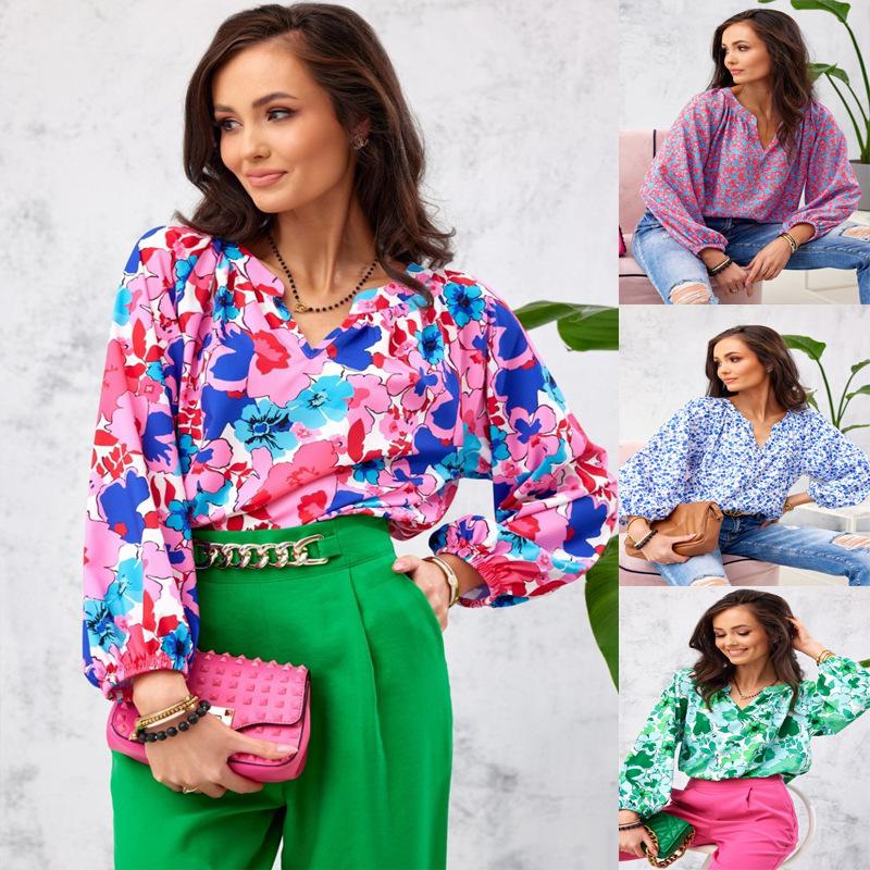 

Women' Blouses & Shirts Women Printed Flowers Blouse Fashion Loose Style Summer T-shirt Europe And America Tops 4 Colors Drop, Green