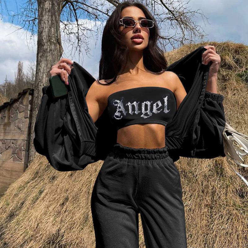 

Women' Two Piece Pants Doury Two-pieces Tracksuits Fashion Women Sport Suits Velvet Diamonds Strapless Tube Tops + Straight-Leg Trousers St, Black
