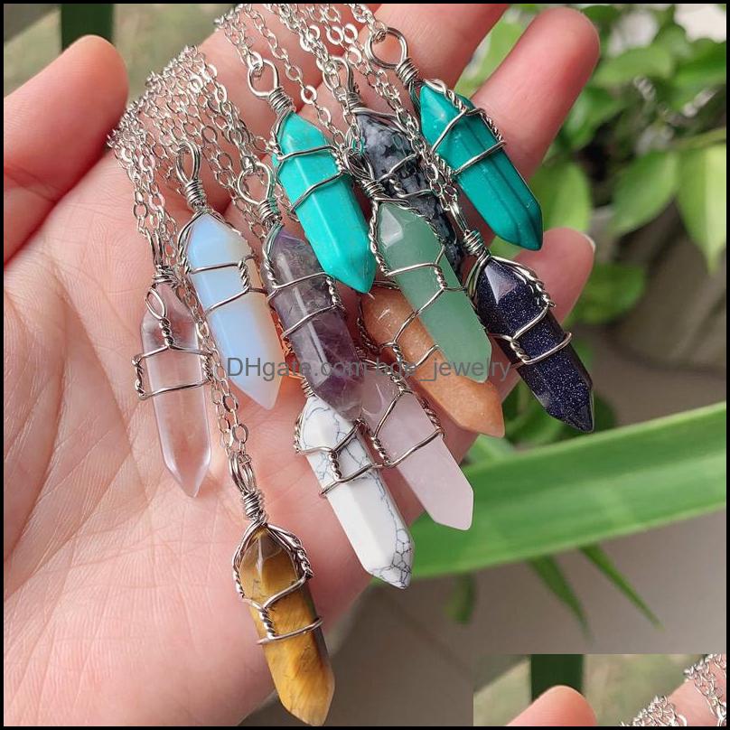 

Pendant Necklaces Sier Color Copper Wire Wrap Natural Stone Pendum Reiki Healing Crystal Necklace Hexagonal Amethyst Pink Bdejewelry Dharh