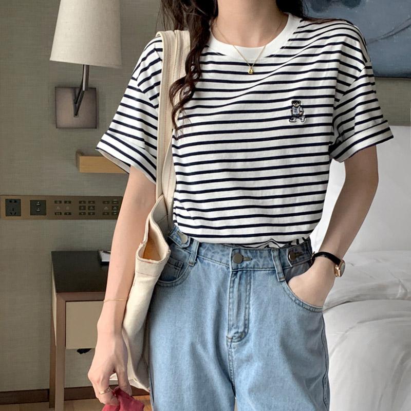 

Women's T-Shirt Summer Casual Women Retro Striped O Neck Tees Blouses Simple Cartoon Bear Embroidery Baggy Short Sleeve Blusas MujerWomen's