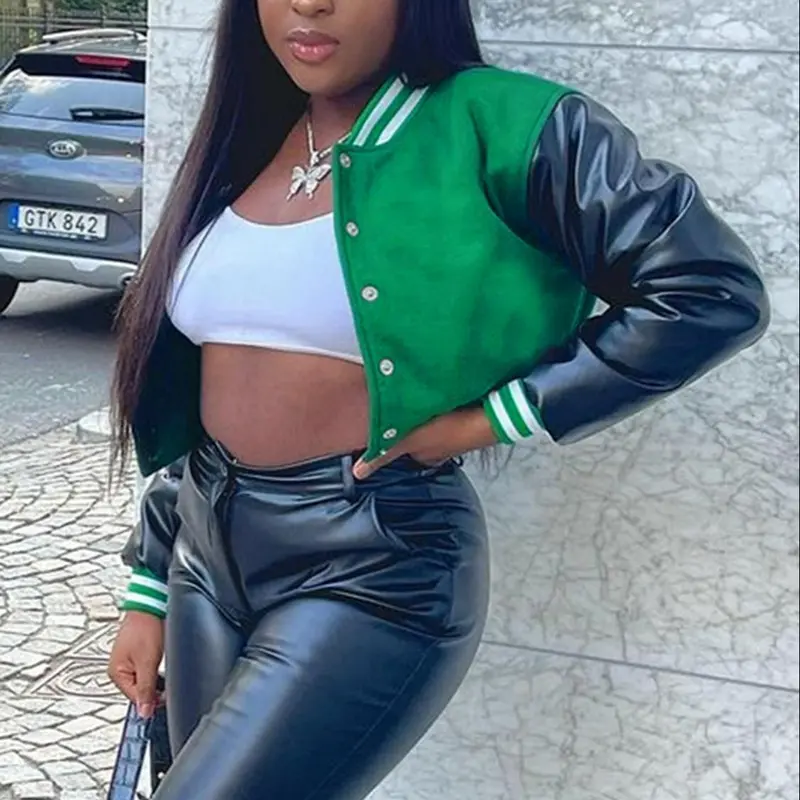 

Women's Jackets Autumn And Winter New Women'S Clothing Single-Breasted Slim Jacket Pu Stitching Long-Sleeved Baseball Uniform, Green