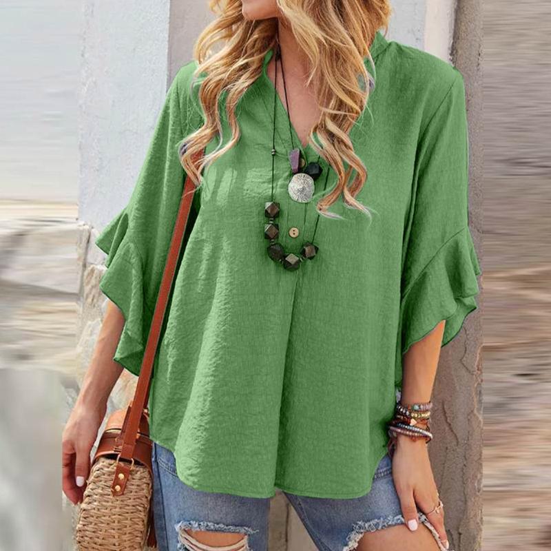 

Women' Blouses & Shirts Black Clothing For Women Casual Solid V Neck Ruffle Short Sleeve Button Loose Women' T Shirt Pack Long WomenWo