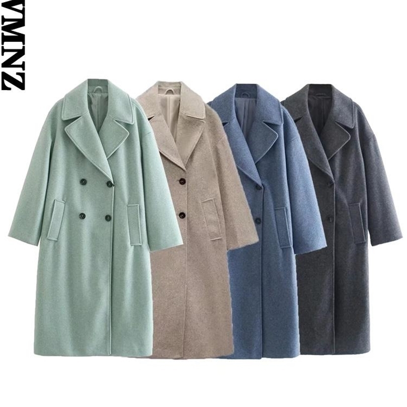 

XNWMNZ women double breasted loose woolen coat lapel collar long sleeves Solid Womens Casual oversize coat Autumn Winter 220812, Blue