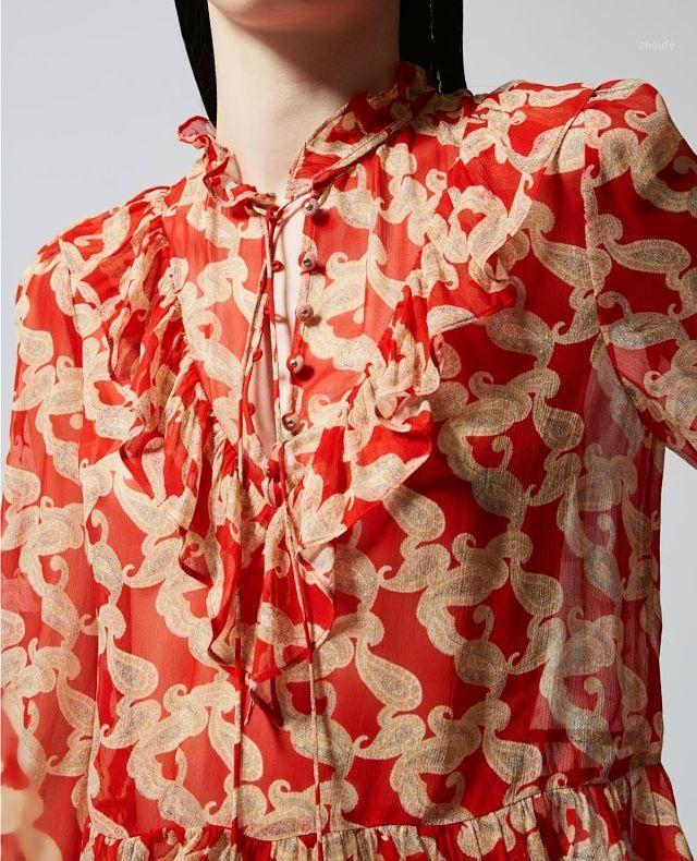 

Women' Blouses & Shirts Ladies Shirt Ruffled Lace Half Open Button Top, Red