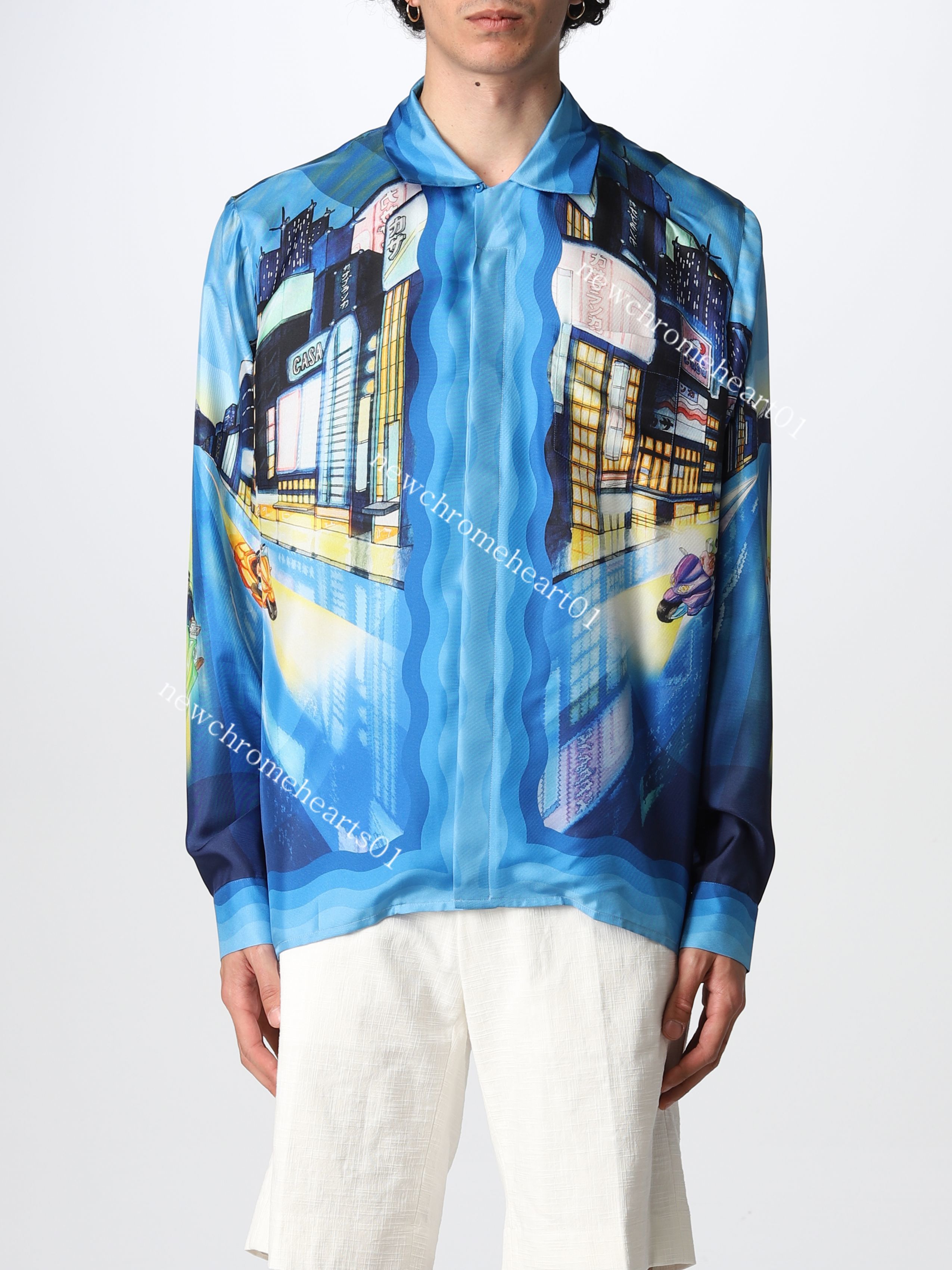 

Casablanca Ss22 Silk Night City Printed Long Sleeved Shirt, Blue