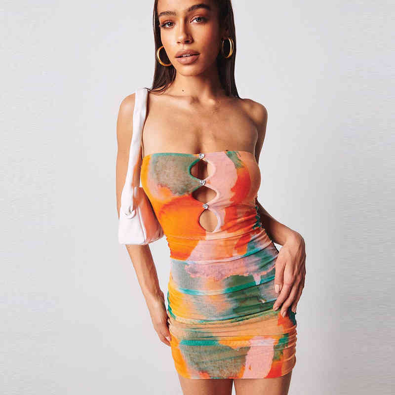 

Women' 2022 Spring and Summer New Mesh Printing Hollow Out Drill Wrapped Chest Sexy Dress Club Party Mini, Multi-color