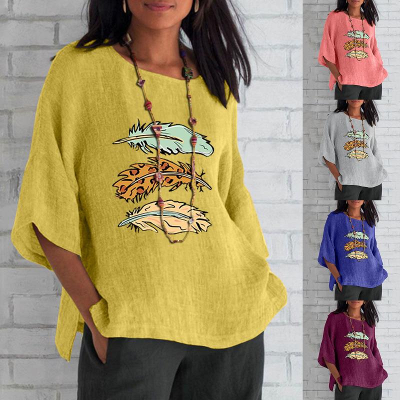 

Women' Blouses & Shirts Summer Cotton Linen Top Women Blouse Fashion Feather Printed O Neck Three Quarter Sleeve Casual Loose Tops WomenWom, Blue