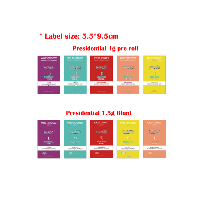 

Printed strain labels paper presidential moonrock 1g preroll 1.5g blunt pre roll stickers pre-roll packaging tube label