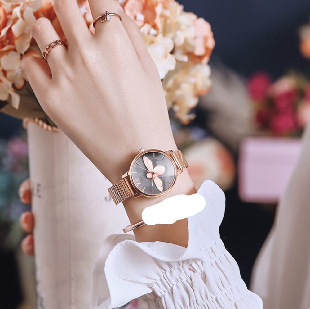 

Wholesales Drop ship Women Light luxury Quartz watch Female girls student Bee design Mesh belt concealed buckle Wristwatch black color, Nude
