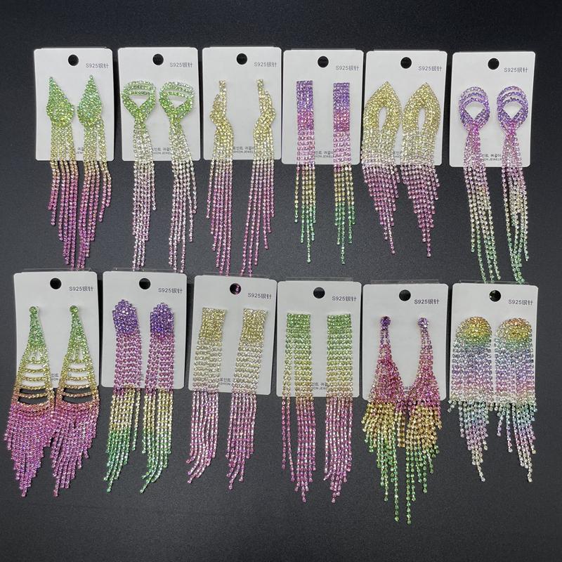 

Dangle & Chandelier Wholesale 6 Pairs/Lot Mixed Gradient Colorful Rhinestone Long Tassel Earrings For Women Big Drop Bridal JewelryDangle