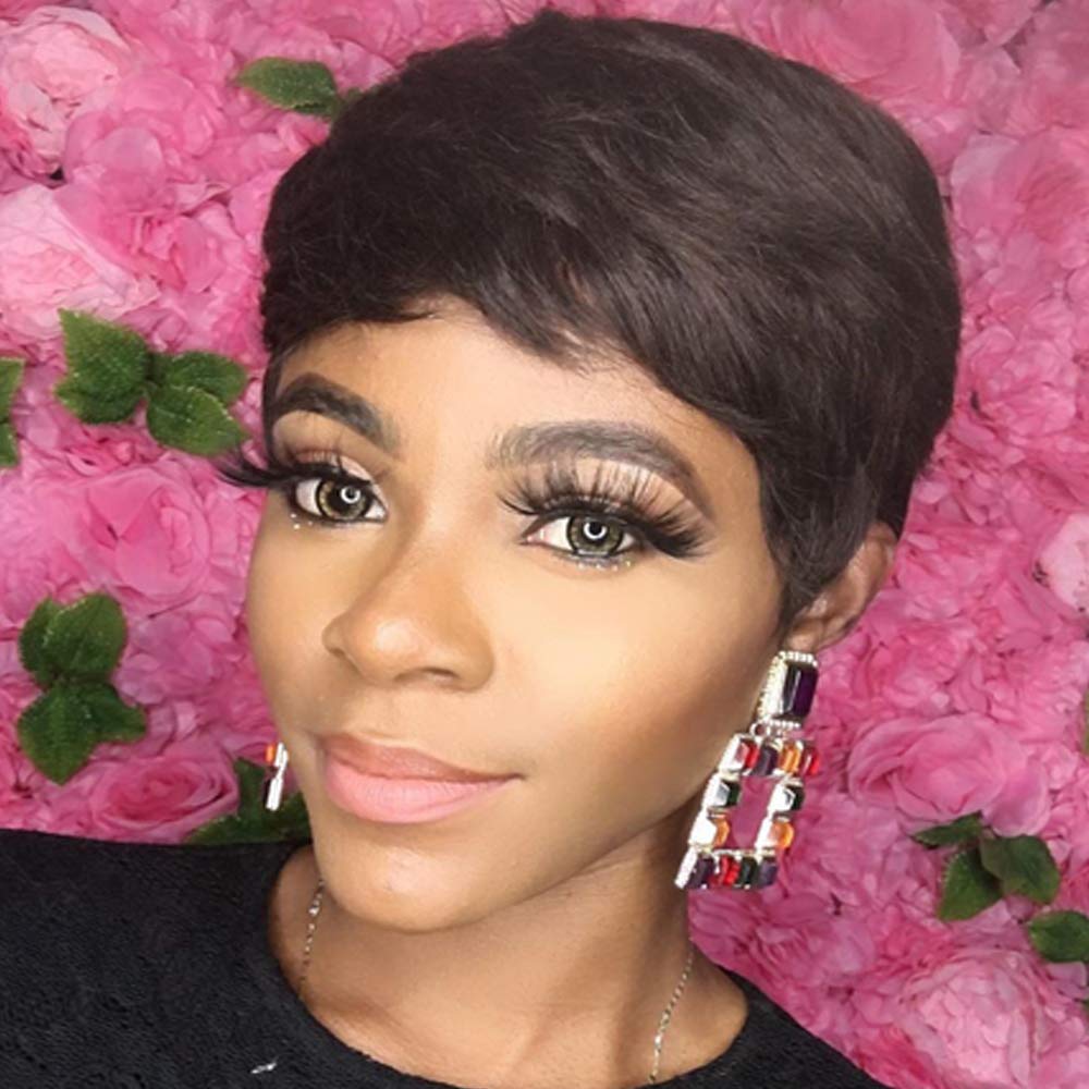 

Human Hair NONE Lace wigs Rihanna Style Short Cut Glueless Cap 1B# Brazilian Remy Machine Made Wig For Black Women, 1b #