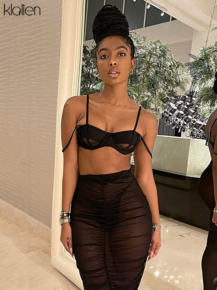 

Fashion Sexy Camisole and Skirt Set For Women Mesh See Through Slim Skinny Beach Vacation Party Two Piece Skirt Set, Black