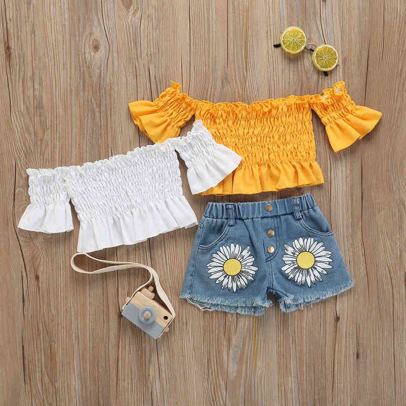 

Citgeett Summer Kids Girl Outfits Set Off Shoulder Shirt Mid Sleeve Tops Denim Sunflower Pattern Shorts Clothing J220712