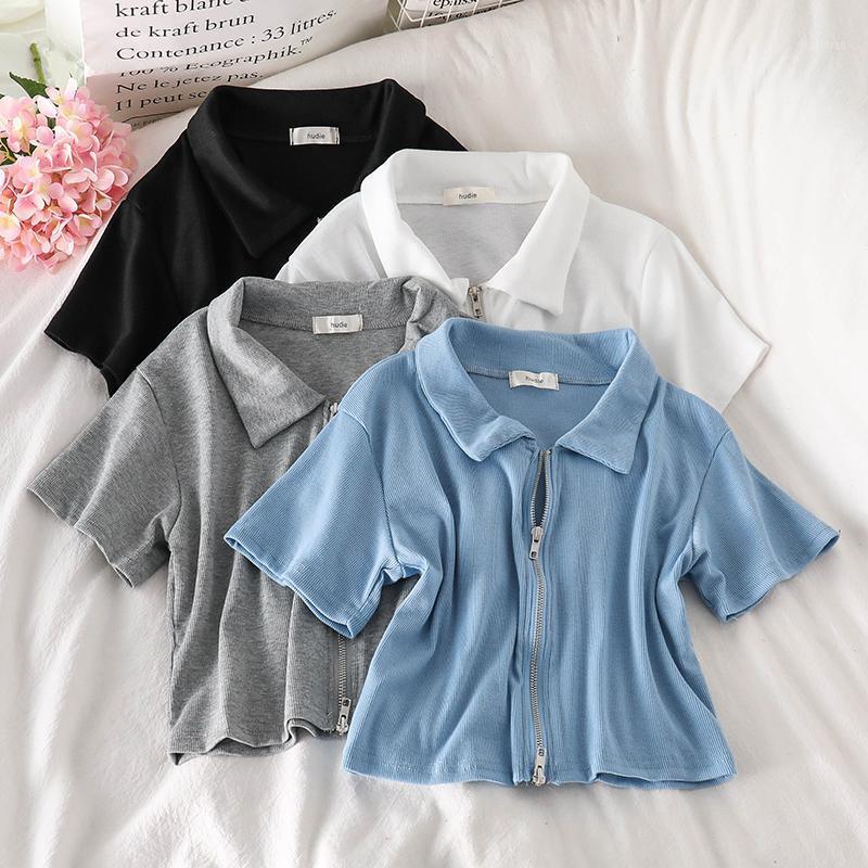

Women's T-Shirt Women Tops Short Sleeve Turn-Down Collar Solid Top Summer Zipper Design Crop Tee Female Casual Clothes, Blue