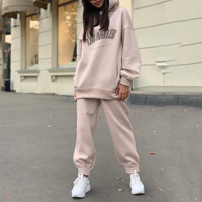 

Women's Two Piece Pants Women's Tracksuit Hooded Fleece Oversized Long Sleeve Set For Women Nice Spring Winter Casual Sport Lady SuitsWo, Pink black