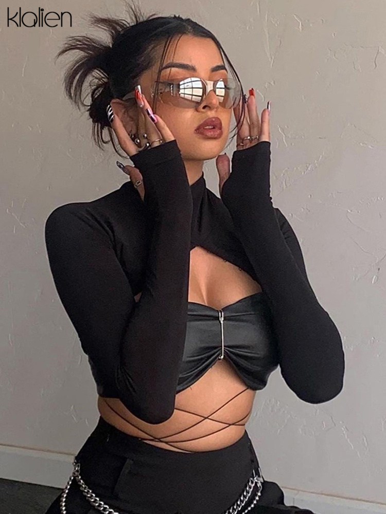 

Fashion Casual Long Sleeve Turtleneck Top With Leather Camisole Two Piece T Shirt Autumn New Black Streetwear Clubwear