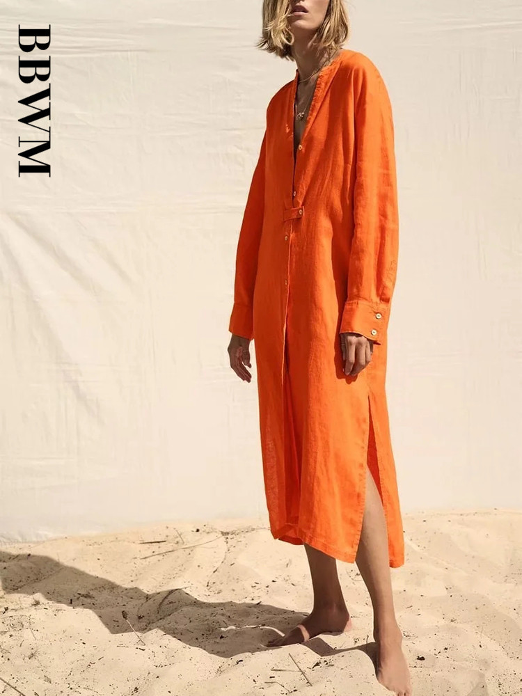 

Women Fashion Front Buttoned Linen Midi Dress Vintage Elegant Long Sleeve Side Vents Chic Female Dresses Vestidos Mujer 220721, Picture