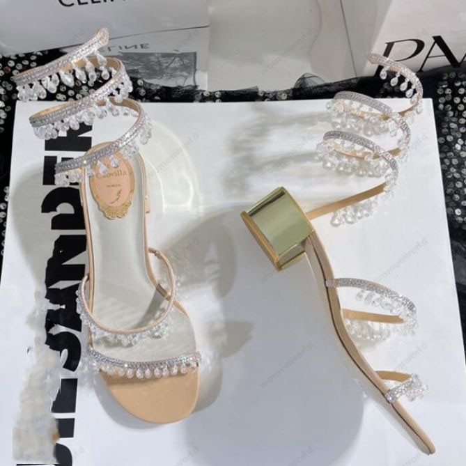 

RENE CAOVILLA stiletto High heel Sandals CRYSTAL Karung Snakelike twining rhinestone sandals women Top quality Cleam spiked spiral square toe heels shoes, Only a boxes