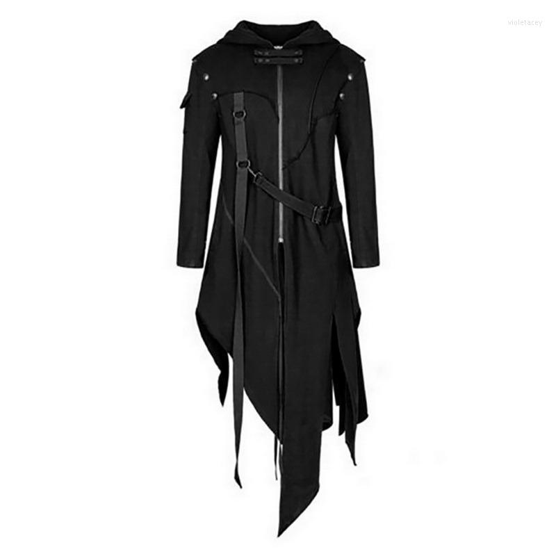 

Men' Trench Coats Men Gothic Style Hip Hop Coat Hooded Cloak Irregular Design Long Cardigan Street Punk Vintage Jackets Viol22, Black