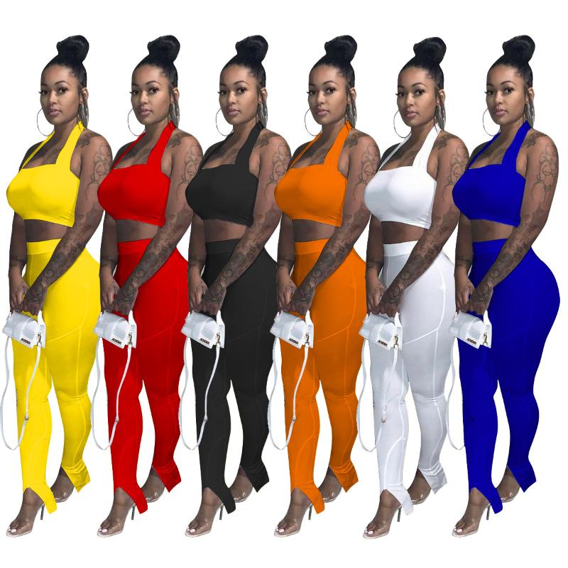 

Women' Two Piece Pants Yoga 2 Sets Womens Outfits High Stretch Halter Neck Sleeveless Crop Top Slit Trousers Women Gym Leggings Tracksuit