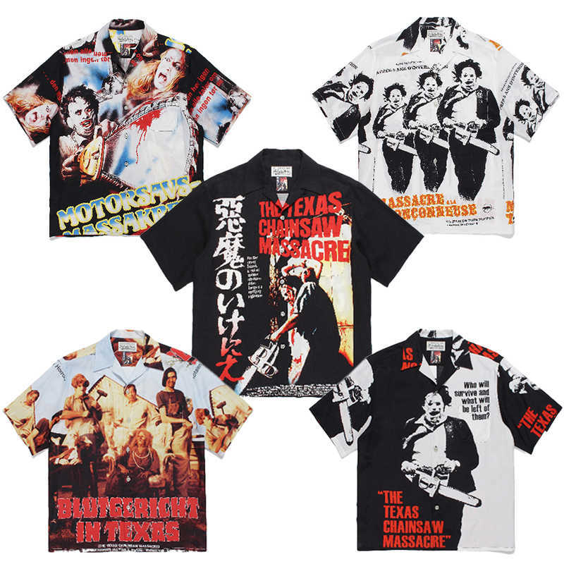 

Men' Casual Shirts Jiangxin wacko Maria 22ss Texas Chainsaw demon man short sleeve Hawaiian Print Shirt, Black and white