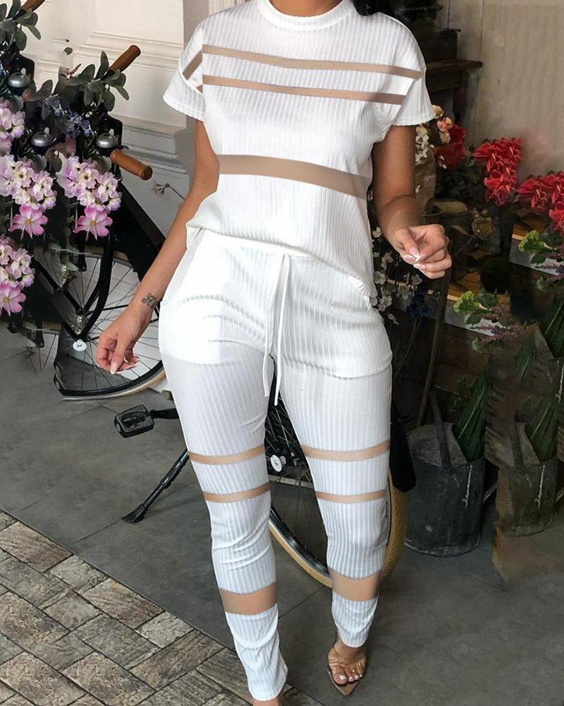 

Women' Two Piece Pants Summer Women Fashion Casual Short Sleeve Suit Sets Round Neck Ribbed Contrast Mesh Top & Drawstring SetWomen, White