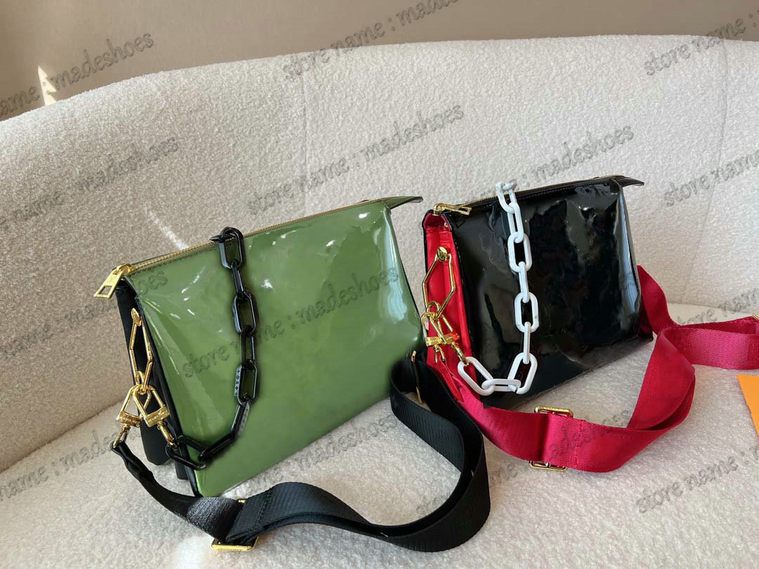 

COUSSIN PM Designer Edgy Bag Puffy Shiny Green Patent Leather Shoulder Bag Embossed Monograms Chain Luxurys CrossBody Womens Clutch with two detachable straps